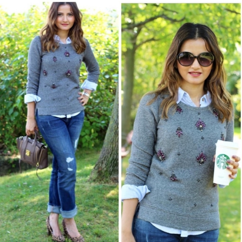 LOFT Gray Sweatshirt w/ Purple Rhinestones in the Front. EUC - Picture 2 of 7